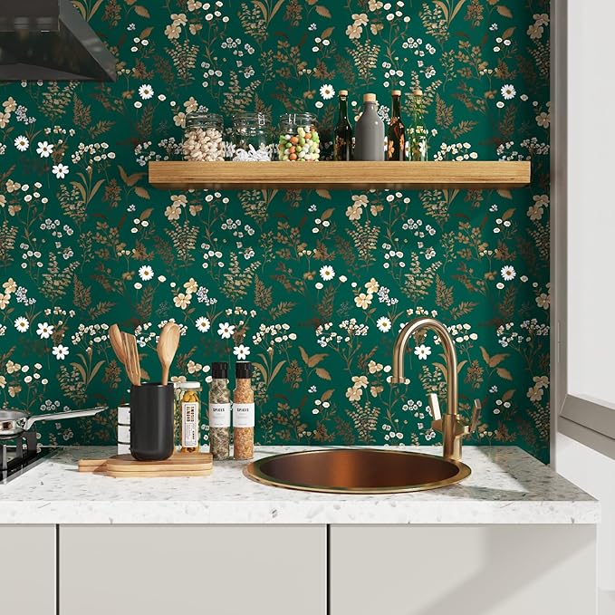 Dark Floral Wallpaper Peel and Stick 17.5in x 118in Vintage Green Gold Leaf Wallpaper Vinyl Waterproof Self-Adhesive Boho Botanical Wall Paper Mural for Cabinet Bookcase Bedroom Decor