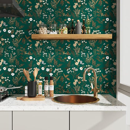 Dark Floral Wallpaper Peel and Stick 17.5in x 118in Vintage Green Gold Leaf Wallpaper Vinyl Waterproof Self-Adhesive Boho Botanical Wall Paper Mural for Cabinet Bookcase Bedroom Decor