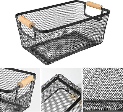 Metal Mesh Steel Basket, Large Wire Storage Organizer Basket Multi-function Hanging Kitchen Baskets with Wood Handle for Kitchen Bathroom Picnic Home, Rectangle-Black