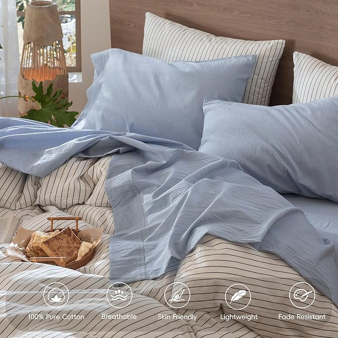 MooMee Bedding Sheet Set 100% Washed Cotton Linen Like Textured Breathable Durable Soft Comfy (Heathered Cornflower Blue, California King)