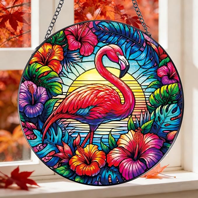 Rngmsi Stained Glass Window Hanging, 7.8″ Flamingo Sun Catchers with Hook Indoor Window Summer Decor, Decorative Suncatchers Hanging Ornaments Home Garden Art Gift for Housewarming