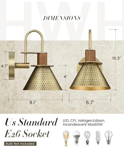 Brass Wall Sconces Set of Two, HWH Industrial Wall Light Fixtures Gold Barn Light, Single Wall Lamp for Bedroom Bedside Bathroom Kitchen, Hammered Metal Shade, Antique Brass, 5HZG74B-2 BG