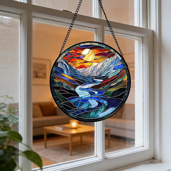 Stained Glass Window Hanging, Canyon Mountains Sunset View Sun Catcher for Window Home Decor Landscape Suncatcher Mother's Day Birthday Gifts for Women Men Mom and Nana 7.8 in