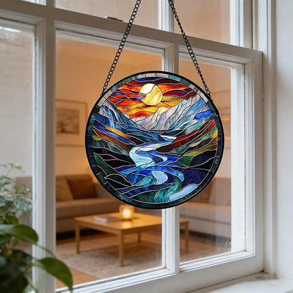 Stained Glass Window Hanging, Canyon Mountains Sunset View Sun Catcher for Window Home Decor Landscape Suncatcher Mother's Day Birthday Gifts for Women Men Mom and Nana 6.3 in