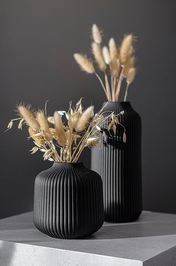Ceramic Vases in Nordic Style, Modern Vase Deco for Pampas Grass, Boho Deco for Windowsill, Vases Set in Black Matt, Flower Vase as Home Decoration for Fresh Flowers, Dried Flowers, Set of 2