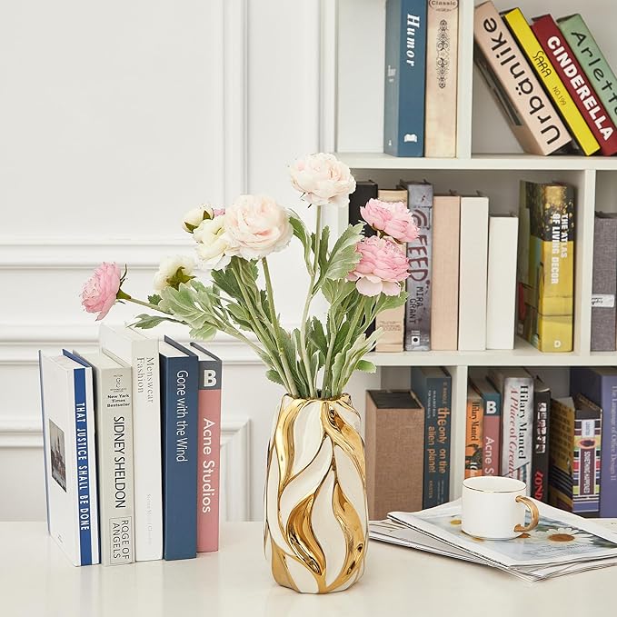 Cream White Ceramic Vase for Flowers, Gold Flower Vase Modern Home Decor, Small Ceramic Vase for Pampas Grass Decorative Vase, for Farmhouse Coffee Table Bookshelf (Large)
