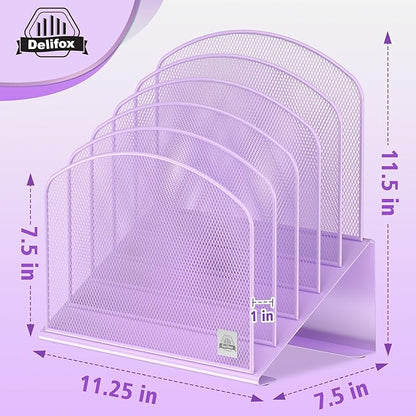 Inclined Desk File Organizer, 5-Section Vertical File Folder Holder Stand Metal Rack File Sorter for Office Classroom Desktop Organization (Purple, 1Pack)