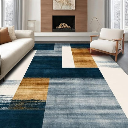 Flatwoven High Traffic Area Rug 5x7, Eclectic Funky Ink Wash Design Abstract Area in Multi Tone, Non Slip, Stain Resistant, Washable Area Rugs for Living Room, Bedroom (Blue, 5x7)