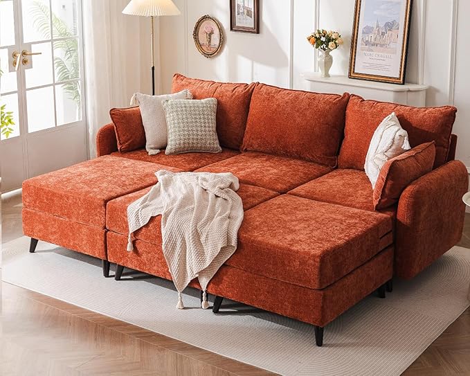 104'' Modular Sectional Sofa with Seats Storage,Oversized Sleeper Sofa Bed,Comfy Cloud Couches with Deep Seat,Couches for Living Room,Movable Ottoman,2 Throw Pillow,Chenille,Orange