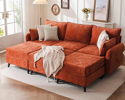 104'' Modular Sectional Sofa with Seats Storage,Oversized Sleeper Sofa Bed,Comfy Cloud Couches with Deep Seat,Couches for Living Room,Movable Ottoman,2 Throw Pillow,Chenille,Orange