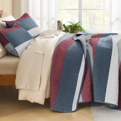 Litanika California King Quilt Set Blue and Red - Cal King Oversized Stripe Comforter Bedspreads & Coverlets - Soft Lightweight Quilted Bedding Set for All Season(1 Quilt, 2 Pillowcases)