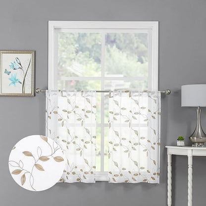Tollpiz Taupe Leaf Sheer Tier Curtain Leaves Embroidered Kitchen Curtains Rod Pocket Voile Bathroom Window Treatment for Cafe, 30 x 36 inches Long, Set of 2 Panels