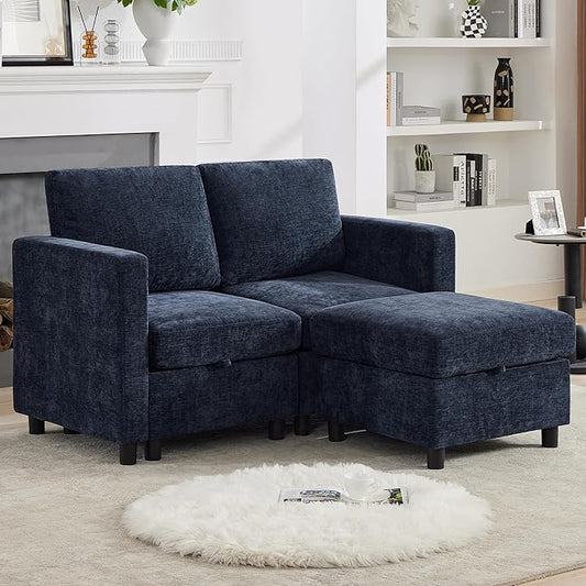 58'' Modular Sectional Loveseat Sofa with Storage, Comfy Office L Shaped Sofa Couch, Chenille Love Seat Modular Sectional Couch with Movable Ottoman for Living Room, Bedroom, Navy