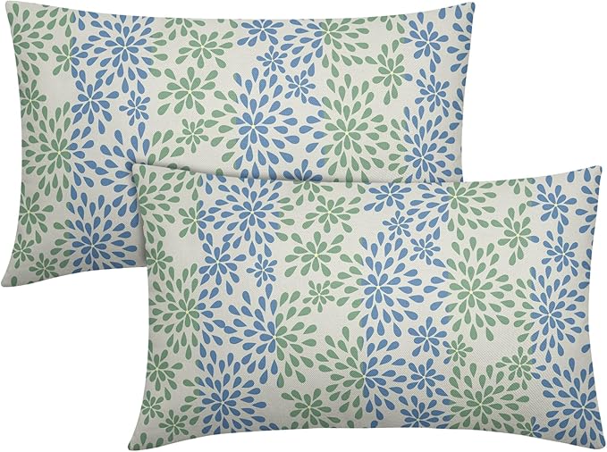 Blue Green Lumbar Pillow Covers 12x20 Set of 2 Modern Geometry Dahlia Floral Print Outdoor Decorative Linen Zipper Throw Pillows Cases Cushion Cover Rustic Decoration Farmhouse Sofa Couch Bed Decor