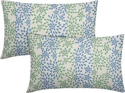 Blue Green Lumbar Pillow Covers 12x20 Set of 2 Modern Geometry Dahlia Floral Print Outdoor Decorative Linen Zipper Throw Pillows Cases Cushion Cover Rustic Decoration Farmhouse Sofa Couch Bed Decor