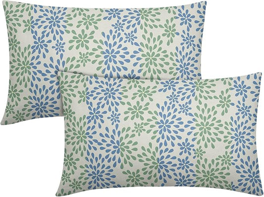 Blue Green Lumbar Pillow Covers 12x20 Set of 2 Modern Geometry Dahlia Floral Print Outdoor Decorative Linen Zipper Throw Pillows Cases Cushion Cover Rustic Decoration Farmhouse Sofa Couch Bed Decor