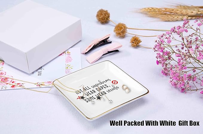 Topthink Funny Sayings Gifts for Nurse - Nurses Appreciation GIft - Not All SuperHeroes Wear Capes Some Wear Scrubs – Ceramic Jewelry Holder Ring Dish Trinket Box Tray