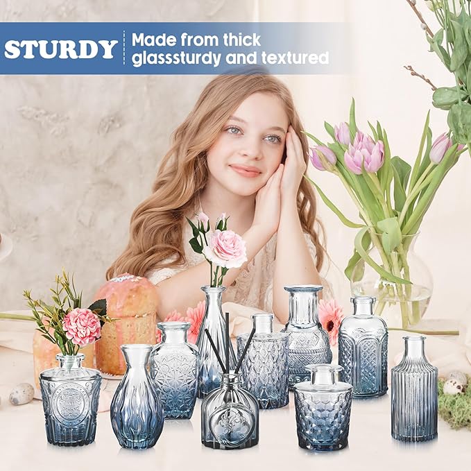20 Pcs Glass Bud Vase Set Small Vintage Flower Vase in Bulk for Centerpieces Rustic Decorative Glass for Wedding Table Home Christmas Decoration (Gradient Blue)