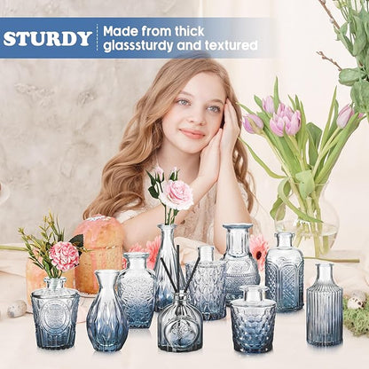 20 Pcs Glass Bud Vase Set Small Vintage Flower Vase in Bulk for Centerpieces Rustic Decorative Glass for Wedding Table Home Christmas Decoration (Gradient Blue)