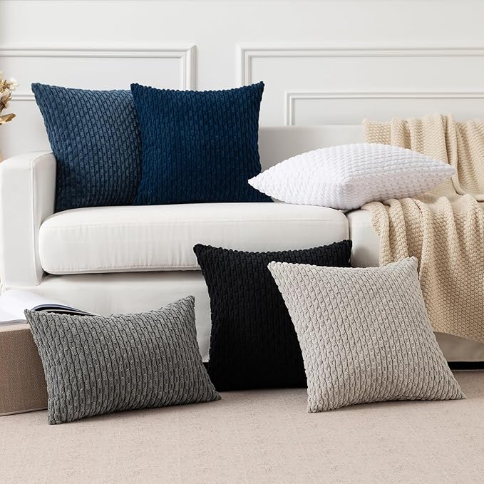 Kevin Textile 2 Packs Pure White Decorative Throw Pillow Covers 26x26 Inch for Living Room Couch Bed Sofa Rustic Farmhouse Boho Home Decor Soft Striped Corduroy Square Cushion Case 66x66 cm