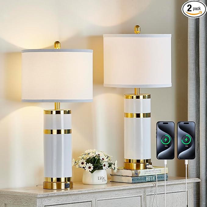 Ceramic White Gold-Plated Decorative 28" Table Lamps Set of 2 with E26 Socket&Rotary Switch,USB A+C Ports,Modern Bedside Lamps for Nightstand,Bedroom,Living Room,Decoration,Office(Bulbs in)