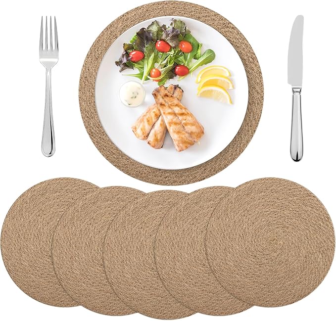 12 Inch Round Woven Placemats Set of 6, Natural Jute Braided Placemats, Boho Farmhouse Place Mats, Heat Resistant, Sound Table Mats for Dining Table, Kitchen, Outdoor, Home Decorations, Wedding
