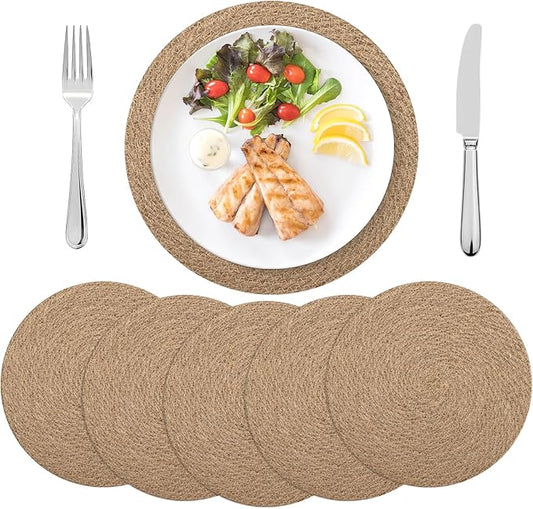 12 Inch Round Woven Placemats Set of 6, Natural Jute Braided Placemats, Boho Farmhouse Place Mats, Heat Resistant, Sound Table Mats for Dining Table, Kitchen, Outdoor, Home Decorations, Wedding