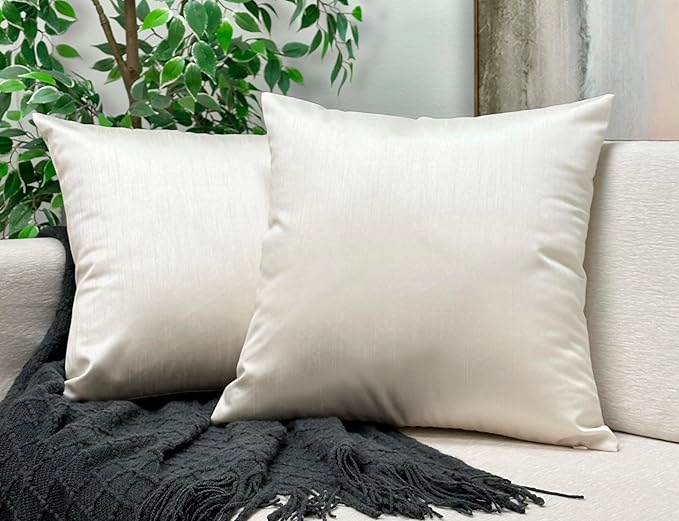 Aiking Home 20x20 Inches Faux Silk Square Throw Pillow Cover, Zipper Closure, Ivory (Set of 2)