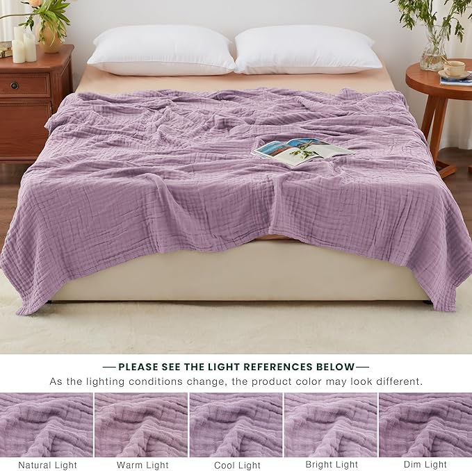 Love's cabin 6 Layer 100% Cotton Muslin Blanket, 90"x90" Muslin Blanket Queen for Couch Bed, Lightweight and Breathable Cotton Gauze for Adult, Lavender