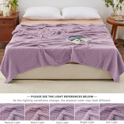 Love's cabin 6 Layer 100% Cotton Muslin Blanket, 90"x90" Muslin Blanket Queen for Couch Bed, Lightweight and Breathable Cotton Gauze for Adult, Lavender