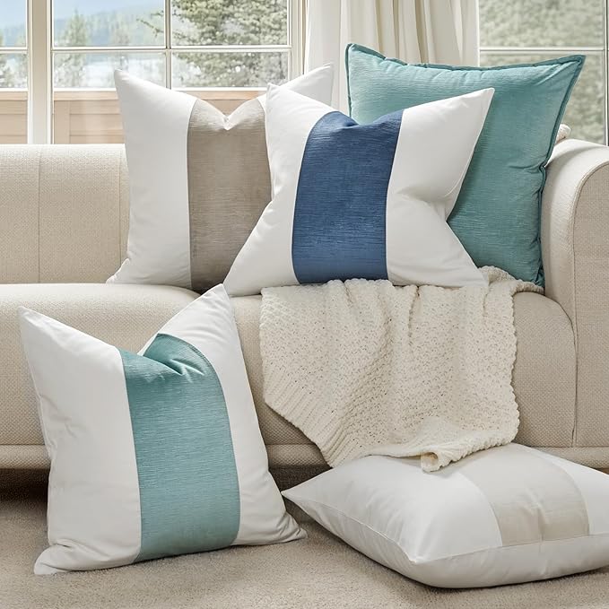 EVERGRACE x Kinsey Walsh Signature Velvet Panel Cotton Pillow Covers Set of 2, Decorative Pillow Covers 20"x20" for Couch, Square Cushion Cases for Sofa Bedroom Living Room, Sand Dune