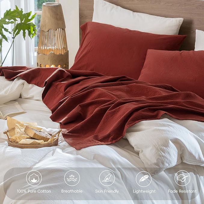MooMee Bedding Sheet Set 100% Washed Cotton Linen Like Textured Breathable Durable Soft Comfy (Solid Fired Brick Red, King)