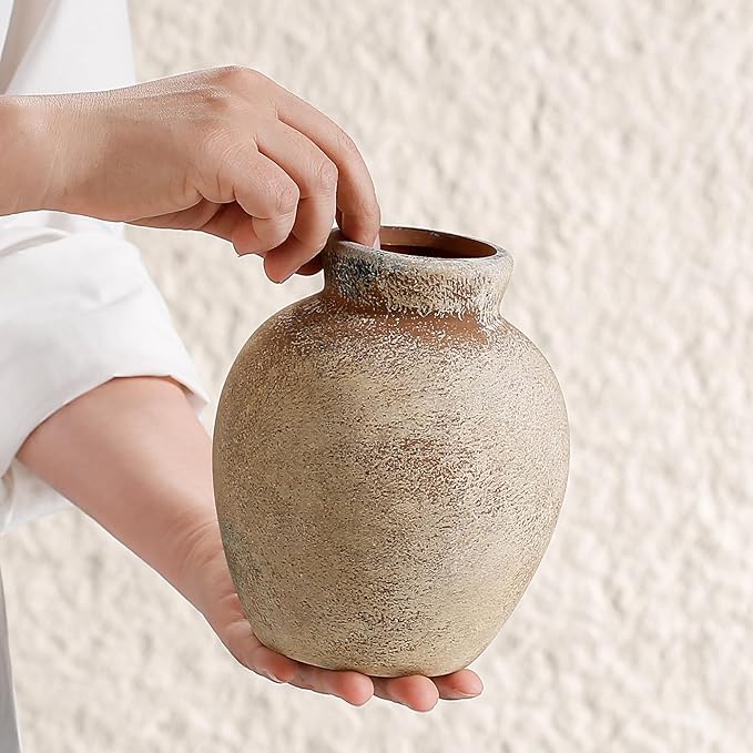 White Ceramic Rustic Flower Vase, 6.3 Inch Pottery Modern Vase for Shelf, Tabletop, Vintage Farmhouse Home Decor for Coffee Table, Living Room, Mantle, Fireplace, Entryway