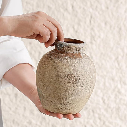White Ceramic Rustic Flower Vase, 6.3 Inch Pottery Modern Vase for Shelf, Tabletop, Vintage Farmhouse Home Decor for Coffee Table, Living Room, Mantle, Fireplace, Entryway