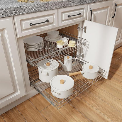 ROOMTEC Individual Pull Out Cabinet Organizer (28½" W x 21½" D), 2 Tier Spice Rack Organizer for Cabinet, Slide Out Drawer Pantry Shelf Organization and Storage for Kitchen Bathroom