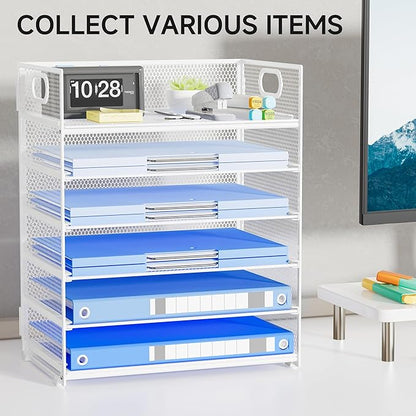 Paper Organizer for Desk with Handle, 6-Tier Metal Mesh File Organizer | Stackable Letter Tray for Office Documents & Stationery Storage