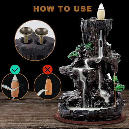 SPACEKEEPER Incense Burner, Backflow Incense Holder 2 Sides Waterfall Incense Burnier with 120 Backflow Incense Cones, 30 Incense Sticks, Aromatcherapy Ornamen for Home