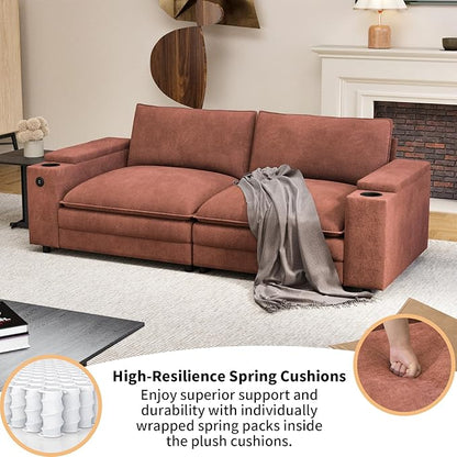 81.5" Loveseat Cloud Sofa Couch with Storage Armrest, Cup Holders, USB & Type-C Ports, Spring Cushions, Solid Wood Frame, Chenille Modular Sectional for Living Room