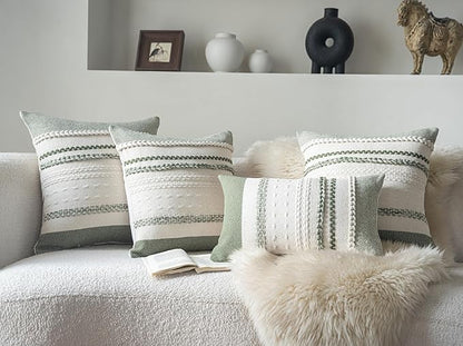 Boho Throw Pillow Covers 20x20 Inch Set of 2, Green Textured Decorative Couch Pillow Cases for Farmhouse Home Decor, Accent Cushion Cover for Sofa, Bed, Living Room, Bedroom
