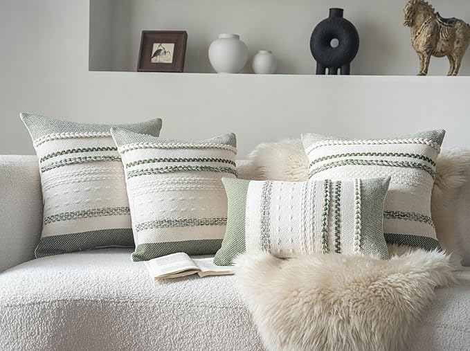 Boho Throw Pillow Covers 12x20 Inch Set of 2, Green Textured Decorative Couch Pillow Cases for Farmhouse Home Decor, Accent Cushion Cover for Sofa, Bed, Living Room, Bedroom
