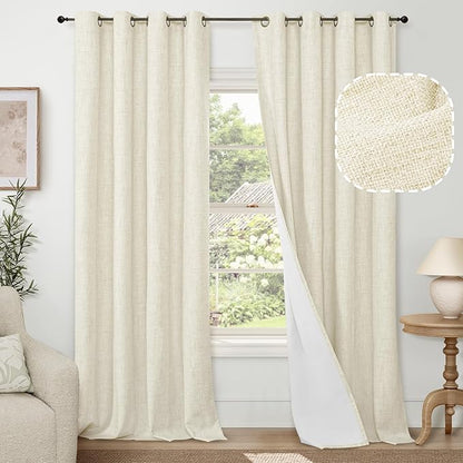 Lajode Cream 100% Blackout Curtains for Living Room 84 Inch Length 2 Panels Set, Thermal Insulated Light Blocking Faux Linen Curtains for Bedroom, Bronze Grommet Boho Window Drape Each 52" Wide