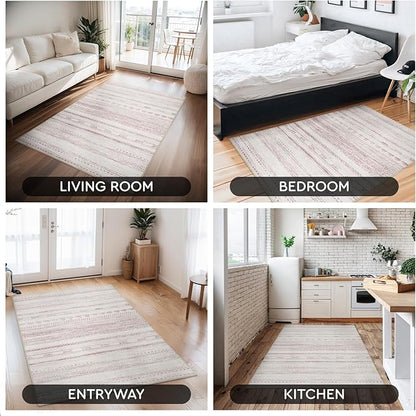 Small Area Rug-2x3 Entryway Rug Non Slip Washable Low Pile Indoor Door Mat Neutral Distressed Boho Moroccan Entrance Rugs Carpet for Bedroom Kitchen Powder Room Front Porch Bathroom, Pink