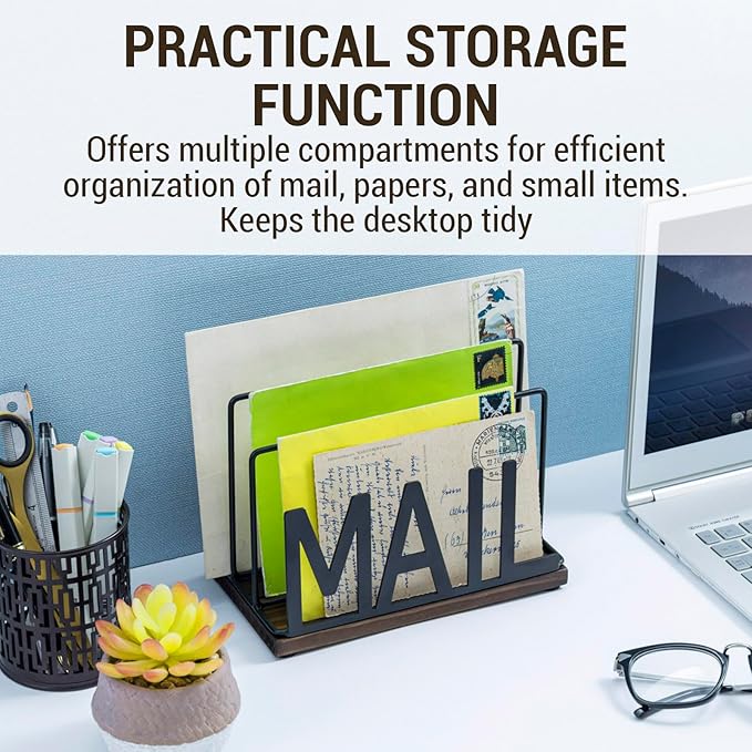 MyGift 3 Slot Industrial Matte Black Metal Wire Tabletop Mail Organizer with Burnt Wood Base – Modern Desktop Letter Sorter for Entryway, Office, or Home