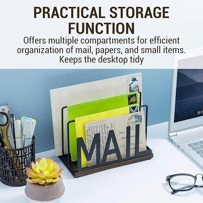 MyGift 3 Slot Industrial Matte Black Metal Wire Tabletop Mail Organizer with Burnt Wood Base – Modern Desktop Letter Sorter for Entryway, Office, or Home