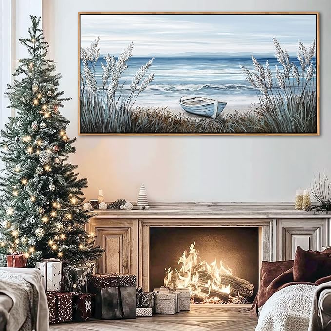 AJAZIKO Beach Vintage Wall Art Pictures for Living Room Coastal Artwork for Walls Ocean Bedroom Wall Decor Above Bed Landscape Beach Canvas Wall Art Featuring Boat, Farmhouse, Seascape 29×58IN