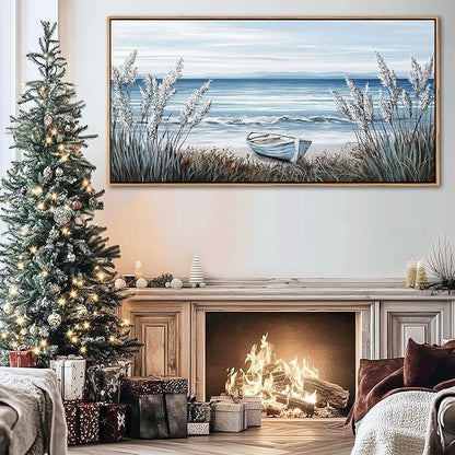 AJAZIKO Beach Vintage Wall Art Pictures for Living Room Coastal Artwork for Walls Ocean Bedroom Wall Decor Above Bed Landscape Beach Canvas Wall Art Featuring Boat, Farmhouse, Seascape 29×58IN