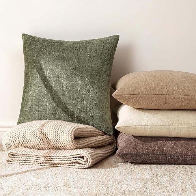 MIULEE Pack of 2 Decorative Throw Pillow Covers Soft Chenille Christmas Throw Pillows Solid Textured Cushion Covers for Spring Couch Sofa Bedroom Living Room 18x18 Inch, Olive Green