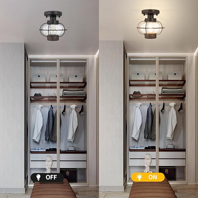 Kalium Porch Ceiling Light Fixture, Outdoor Flush Mount Ceiling Light with Glass Globe Shade, E26 Standard Base Industrial Farmhouse Lamp for Hallway Bedroom Balcony Porch Stairway