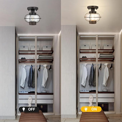 Kalium Porch Ceiling Light Fixture, Outdoor Flush Mount Ceiling Light with Glass Globe Shade, E26 Standard Base Industrial Farmhouse Lamp for Hallway Bedroom Balcony Porch Stairway