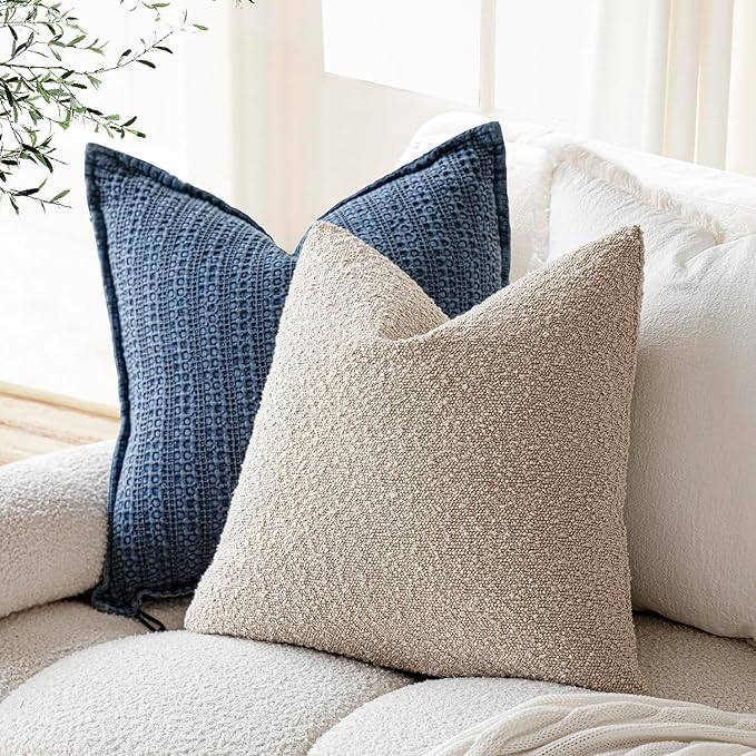 Foindtower Decorative Textured Boucle Throw Pillow Covers Accent Solid Pillow Cases Neutral Soft Cozy Couch Cushion Case for Chair Sofa Bedroom Living Room Home Decor 24 x 24 Inch,Beige Oatmeal